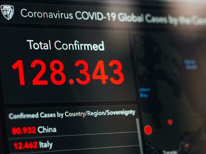 A digital display presenting total confirmed coronavirus cases and country-specific stock market data