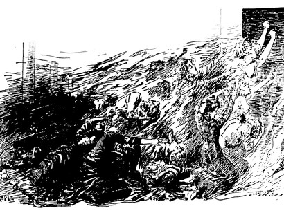 "¡La puerta cerrada!", dibujo del incendio del Triángulo, representa a mujeres lanzándose contra una puerta cerrada para intentar escapar de las llamas