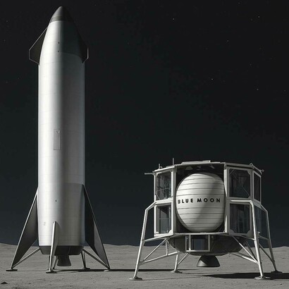 Rendering del lander lunare cargo Starship di SpaceX e del Blue Moon di Blue Origin, fonte NASA.gov