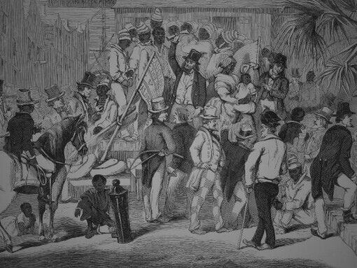 Sale at auction, by Alonzo J. White on the plaza north of the Exchange Building in Charleston, South Carolina, U.S.A, on March 10, 1853