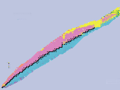 Mapa de nucleidos, vista previa pequeña cosida:
Rosado—Desintegración beta- (mueve el átomo una posición diagonalmente hacia arriba y a la izquierda)
Celeste—Desintegración beta+ por captura de electrones (mueve el átomo una posición diagonalmente hacia abajo y a la derecha)