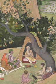 Illustrated folio from a dispersed Ramayana series, created in the late 18th century in Kangra, Himachal Pradesh, India. This delicate painting, now housed in The Metropolitan Museum of Art (accession number 1976.15), captures the serene moment when Rama, Sita, and Lakshmana visit the sage Bharadvaja’s forest hermitage. Rendered in the refined Pahari style, the scene reflects the grace, devotion, and lyrical naturalism characteristic of Kangra painting, with its lush landscape and gentle emotional expression