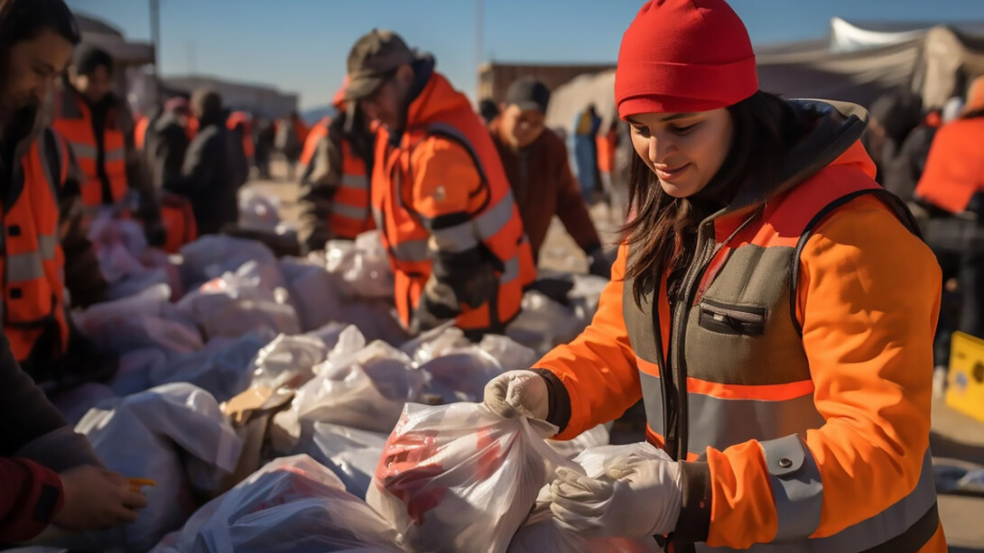 A young woman and fellow volunteers sort and distribute humanitarian aid, highlighting resilience and compassion in the face of hardship