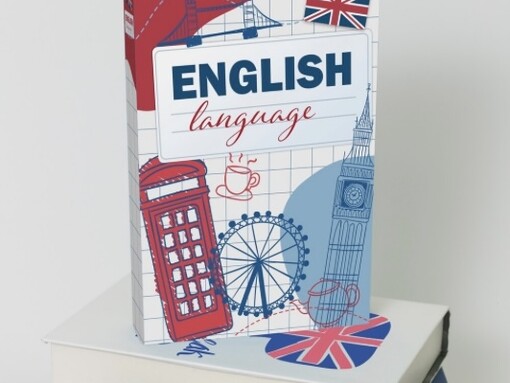 A colorful English book and some popular sightseeing places like the Big Ben and London eye in London, United Kingdom 