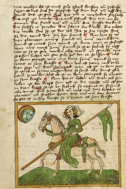 "La Luna rappresentata come una donna a cavallo". dopo 1464. Miscellanea: Descrizione anatomo-fisiologica degli uomini; Liber Synonimorum; Descrizioni di pianeti, zodiaci e comete; Trattati sulla divinazione dai nomi. Artista/artefice sconosciuto; Michael Haintzmann di Babenhausen (tedesco). Getty Museum, Los Angeles, USA