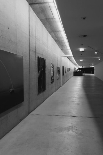 A black and white photo of an art gallery, empty and echoing with silence