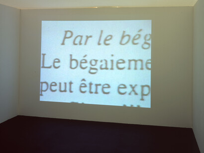 Chantal Maes, Take a look from the inside, psychoanalytic reading (after Françoise Estienne, in Les Bégaiements, 1996), 2003. Video with sound, 4 min 9 s. Installation view, De Doos, Cultural Centre, Hasselt, 2004. Avec l'aimable autorisation de BPS22 © Chantal Maes
