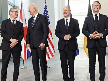 Prime Minister Keir Starmer attends a Quad meeting alongside German Chancellor Olaf Scholz, US President Joe Biden and French President Emmanuel Macron at the Bundeskanzleramt building in Berlin, Germany