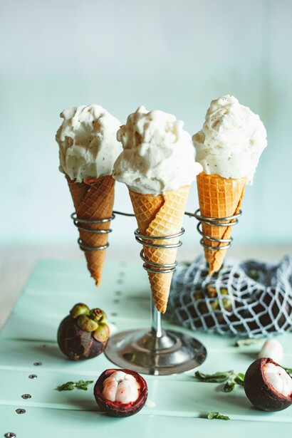Close-up of homemade ice cream cones with natural ingredient