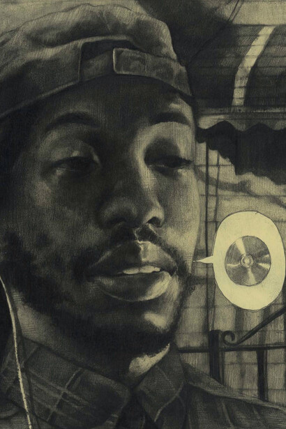 Julian Adon Alexander, Audiophile 2 (detail), 2025. Courtesy of Red Arrow Gallery