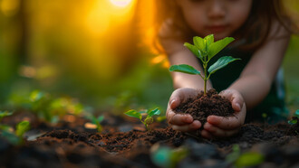 A girl holding a sapling gently in her hands, representing the quiet beginning of meaningful change