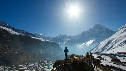 People hiking in the Himalaya Mountains near Annapurna, Koshi Province, Nepal