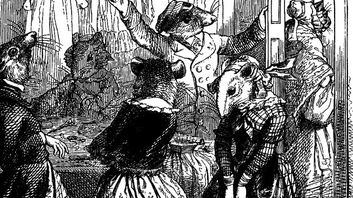 "Cuando el gato no está, los ratones bailan", del libro "Cien refranes" de Granville (Jean-Ignace-Isidore Gérard), 1845