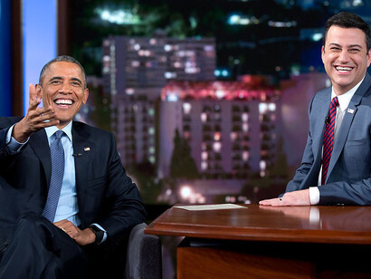 Former President Barack Obama spoke with Jimmy Kimmel during a taping of Jimmy Kimmel Live! in Los Angeles, California, on March 12, 2015
