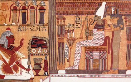 Facsímil de una viñeta del Libro de los Muertos de Ani. El difunto Ani se arrodilla ante Osiris, juez de los muertos. Detrás de Osiris se encuentran sus hermanas Isis y Neftis, y frente a él hay un loto sobre el que descansan los cuatro hijos de Horus