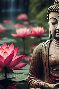 Buddhism statue in floral garden 