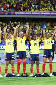 Jugadoras de la Selección Colombia Femenina en señal de protesta durante la Copa América 2022