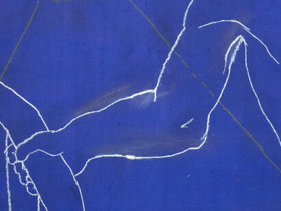 Hamad Butt, No title. Arm and chair on blue, c. 1990–92. Courtesy of Whitechapel Gallery