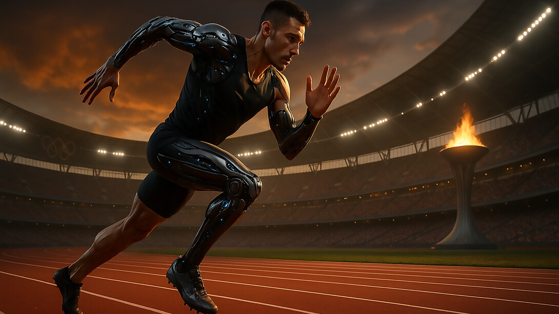A cybernetically enhanced sprinter powers down the track at a futuristic Olympic stadium in Brisbane 2032, symbolizing the clash between tradition and technology in the new era of sport