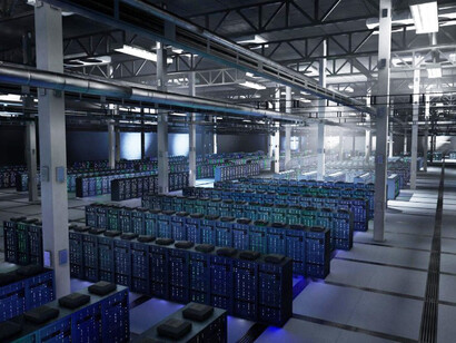 Server cabinets housing large-scale AI datasets in a data center