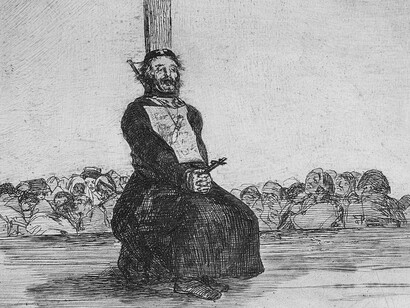 A garroted priest clutches a crucifix. Pinned to his chest is a note describing the crime for which he was executed: possession of a knife, Francisco Goya. Museo del Prado