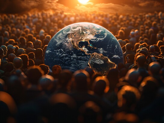 A colourful world that is surrounded by masses not paying attention to it, showing the fractured reality of our world, one with chances for increased instability