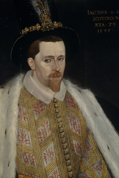 Attributed to Adrian Vanson, James VI and I, 1566-1625. King of Scotland 1567-1625. King of England and Ireland 1603–1625, 1595. Courtesy of National Galleries of Scotland
