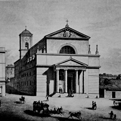 G. Cleter, P. Cacchiatelli, Anzio, Chiesa dei SS. Pio e Antonio, prospetto principale, acquaforte, 1865, Biblioteca Clementina