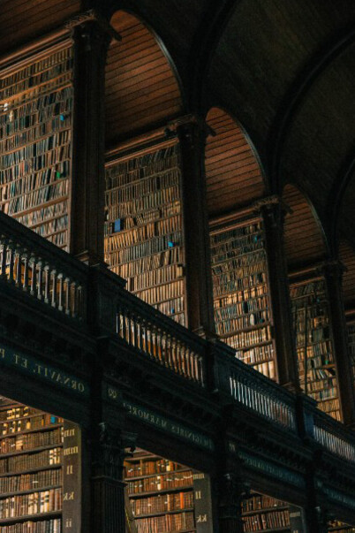 The impressive Trinity College Library, located in College Green, South-East Inner City, Dublin, Ireland, housing the world-renowned Book of Kells