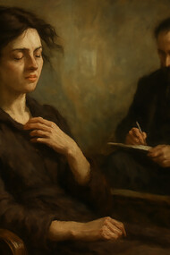 An artistic, painting-like scene evoking the gothic mood of Wuthering Heights — a quiet moment of reflection and unspoken turmoil