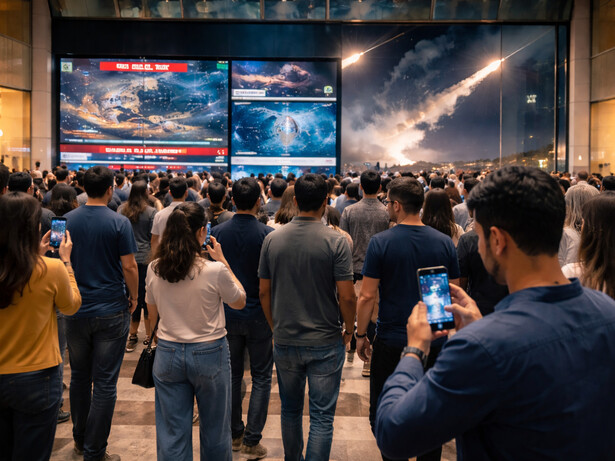 People gather inside a modern shopping mall while watching breaking news coverage of regional missile interceptions on large public screens, illustrating how information and media shape public perception during moments of geopolitical crisis