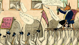 "The Re-Electing of Reynard, or Fox the Pride of the Geese," London, England. A satirical print depicting a fox being re-elected, surrounded by geese