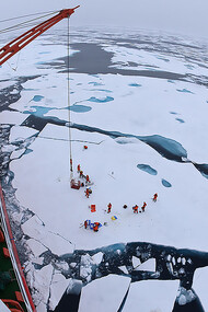 Drift ice camp in the middle of the Arctic Ocean as seen from the deck of icebreaker Xue Long