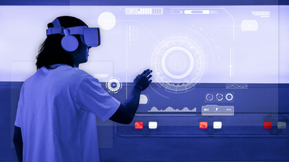 A man wearing a VR headset interacts with a holographic screen, demonstrating AI automation, advanced workflows, and digital transformation