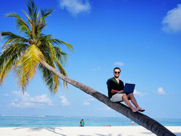A man sitting on a palm tree, working on his laptop by the beach, Maldives