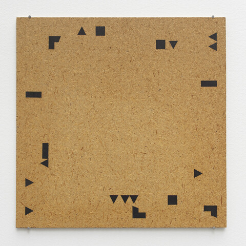 Haim Steinbach, Particle Board Panel with Black Shapes, 1976, Oil stick on particle board, 23 x 23 inches; 58.4 x 58.4 cm. Courtesy the artist and Tanya Bonakdar Gallery, New York