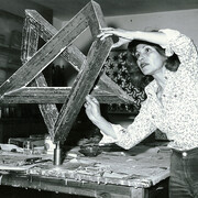 Monir Shahroudy Farmanfarmaian in her studio working on Heptagon Star, Tehran, 1975. Photo: Courtesy of the artist and The Third Line, Dubai
