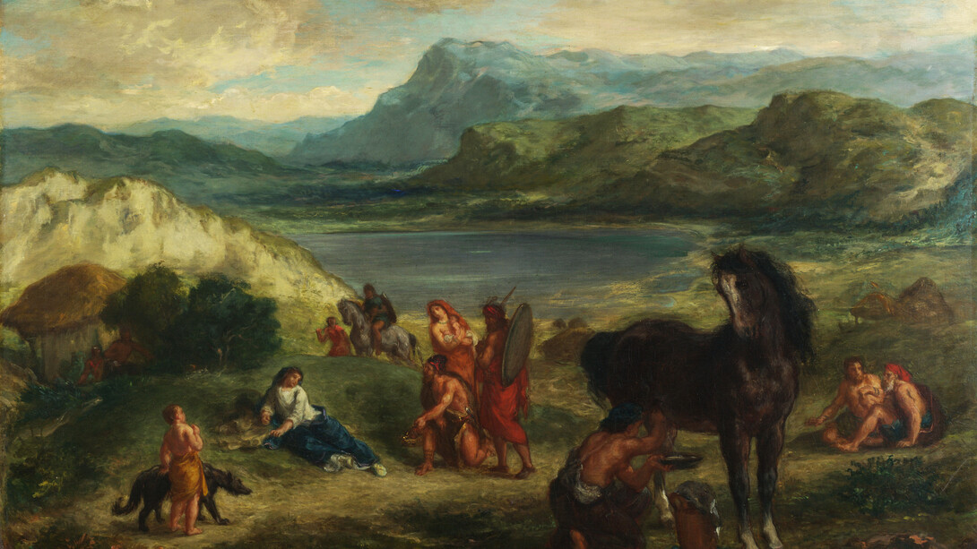 Eugène Delacroix (1798–1863) Ovidio entre los escitas, 1859. Óleo sobre lienzo, The National Gallery, Londres, Inglaterra. Los escitas han siempre sido añorados por los hombres por su arte guerreto
