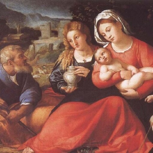 Palma il Vecchio, "Sacra famiglia con San Giovanni e Maria Maddalena", Uffizi, Firenze, Italia. Dettaglio della Maddalena con la fiala di olio di nardo
