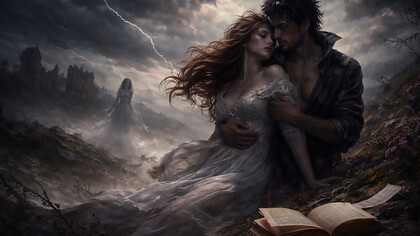 A storm-swept gothic landscape where love, memory, and haunting obsession intertwine—two figures locked in a destructive bond while ghostly echoes of the past linger across the windswept moors