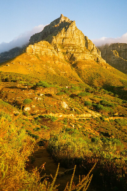 Table Mountain basking in gold, from near Lion's Head, Cape Town, photographed by Jade Stephens