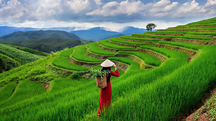 Asian woman in traditional Vietnamese attire at Ban Pa Bong Piang rice terraces in Chiang Mai, epitomizing cultural richness