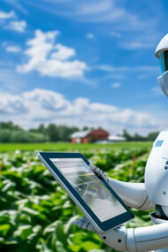 Robot working in the fields under a clear blue sky, enhancing agricultural efficiency and precision with advanced AI technology