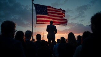 A central figure beneath the American flag facing a silent crowd, representing the strategic blindness that creates tomorrow’s enemies today