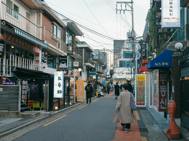 Pedestrians on a vibrant street in central Seoul, South Korea
