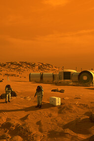 This artist's concept shows astronauts and human habitats on Mars, illustrating the potential future of human exploration. NASA's Mars 2020 rover will carry essential technologies aimed at making Mars exploration safer and more feasible for future human missions