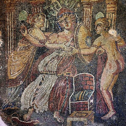 Frammento di mosaico pavimentale; inizio del IV sec. D.C. Pannello centrale raffigurante l'incidente di Achille a Scyros, Museo Archeologico di Sparta, Grecia