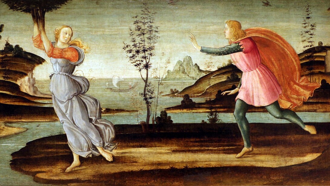 Maestro della leggenda di Apollo e Dafne (Bartolomeo di Giovanni ?), Dafne scappa da Apollo, 1500 circa