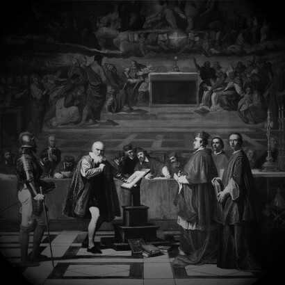 A 19th-century depiction of Galileo Galilei before the Holy Office, by Joseph-Nicolas Robert-Fleury