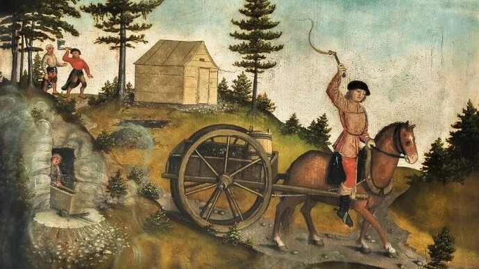 Hans Hesse, Bergbaulandschaft vom Bergbaugemälde auf der Rückseite des Annaberger Bergaltares in der  St. Annenkirche Annaberg, Ausschnitt (detail), 1522. Courtesy of Kunstsammlungen Chemnitz